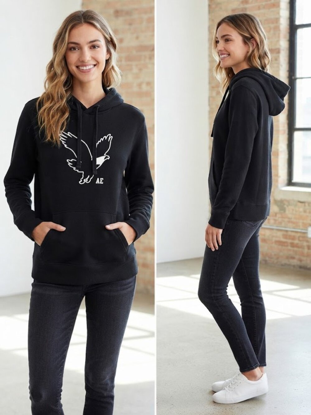 American Eagle Black Hooded with Front Pocket Men's Sweatshirt - Size Large